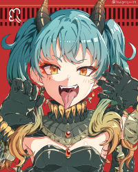 Rule 34 | absurdres, bad id, bad pixiv id, black gloves, blue hair, earrings, fangs, gloves, hatsune miku, highres, horns, itogari, jewelry, looking at viewer, orange eyes, red background, salamander (vocaloid), tongue, tongue out, vocaloid