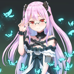 Rule 34 | 1girl, alternate costume, alternate hair color, alternate hair length, alternate hairstyle, bespectacled, blush, bow, breasts, bug, butterfly, commentary request, dress, glasses, hair bow, haniwa (leaf garden), highres, hololive, insect, long hair, looking at viewer, off-shoulder dress, off shoulder, pink hair, red eyes, skull, small breasts, smile, solo, upper body, uruha rushia, uruha rushia (3rd costume), virtual youtuber, wrist cuffs