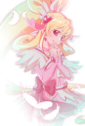 Rule 34 | 1girl, aida mana, black bow, blonde hair, bow, capelet, closed mouth, cure heart, detached sleeves, dokidoki! precure, dress, earrings, feathers, floating hair, hair ornament, heart, heart earrings, heart hair ornament, high ponytail, highres, jewelry, long hair, long sleeves, own hands clasped, own hands together, pink dress, pink sleeves, precure, red eyes, shipu (gassyumaron), short dress, sketch, sleeves past wrists, smile, solo, standing, very long hair, white capelet, white feathers