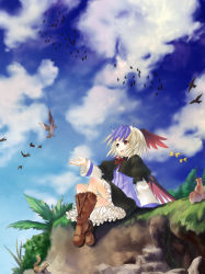 Rule 34 | 1girl, bad id, bad pixiv id, boots, dress, eho (icbm), female focus, gradient background, head wings, highres, horns, kaiho, multicolored hair, nature, outdoors, plant, sky, solo, tokiko (touhou), touhou, wings, yellow eyes