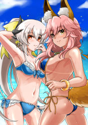Rule 34 | 2girls, animal ears, aqua hair, armpits, ass, bare shoulders, bikini, bikini tan, blue bikini, blurry, blush, bokeh, bow, bow bikini, breasts, cleavage, commentary request, covered erect nipples, day, depth of field, fate/grand order, fate (series), fox ears, fox tail, frilled bikini, frills, from side, green hair, groin, hair between eyes, hair bow, hand to own mouth, horns, jewelry, kiyohime (fate), kiyohime (fate/grand order), kiyohime (swimsuit lancer) (fate), kiyohime (swimsuit lancer) (third ascension) (fate), large breasts, legs apart, long hair, looking at viewer, looking back, multiple girls, navel, necklace, ocean, outdoors, parted bangs, pink hair, ponytail, pulled by self, red eyes, side-tie bikini bottom, sky, smile, standing, string bikini, swimsuit, tail, tamamo (fate), tamamo no mae (fate/extra), tamamo no mae (swimsuit lancer) (fate), tan, tanline, untied bikini, very long hair, wardrobe malfunction, wavy hair, yellow eyes, yumedama