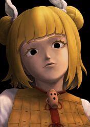 Rule 34 | 1girl, black background, blonde hair, double bun, hair bun, haniwa (statue), highres, hollow eyes, joutouguu mayumi, looking at viewer, medium hair, parasite oyatsu, parted lips, portrait, simple background, solo, touhou