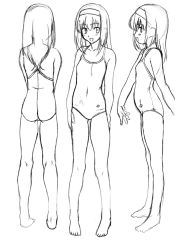 Rule 34 | 1girl, akiba youko, barefoot, breasts, character sheet, competition swimsuit, feet, flat chest, greyscale, hairband, kamia (not found), kneepits, monochrome, multiple views, one-piece swimsuit, original, school swimsuit, sketch, smile, swimsuit