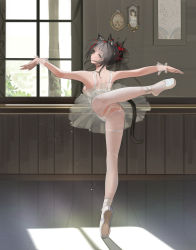 Rule 34 | 1girl, alternate costume, animal ears, arknights, ass, ballerina, ballet, ballet slippers, bare legs, bare shoulders, barre, black hair, breasts, brown eyes, cat ears, cat girl, cat tail, commentary, crotchless, crotchless pantyhose, da (datako), dancing, day, dress, en pointe, english commentary, from behind, full body, highres, indoors, large breasts, leotard, long hair, looking at viewer, looking back, outstretched arms, pantyhose, parted lips, reflective floor, schwarz (arknights), see-through, sideboob, sleeveless, sleeveless dress, solo, sunlight, tail, tiptoes, torn clothes, torn pantyhose, tutu, upskirt, white dress, white footwear, white pantyhose, window, wrist cuffs