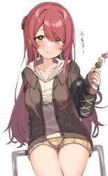 1girl, absurdres, blush, brown jacket, closed mouth, collarbone, dango, food, hair between eyes, highres, holding, holding food, idolmaster, idolmaster shiny colors, jacket, long hair, long sleeves, looking at viewer, osaki tenka, red hair, shirt, shorts, simple background, sitting, smile, solo, thighs, translation request, wagashi, wanimaru, white background, white shirt, yellow shorts