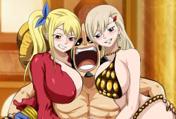 Rule 34 | 1boy, 2girls, accidental pervert, ass grab, beard, between breasts, bikini, black hair, blonde hair, blush, breasts, cleavage, cosplay, crossover, earrings, eden&#039;s zero, facial hair, fairy tail, grin, group sex, handjob, head between breasts, head on chest, highres, huge breasts, jewelry, laughing, long hair, lucy heartfilia, monkey d. luffy (cosplay), multiple girls, name connection, no shirt, one piece, rebecca (one piece) (cosplay), rebecca bluegarden, smile, swimsuit, threesome, usopp