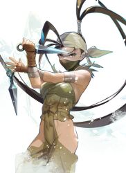 Rule 34 | 1girl, antenna hair, bandaged arm, bandages, bare shoulders, black hair, black mask, breasts, brown eyes, brown gloves, clothing cutout, cofffee, cowboy shot, fingerless gloves, gloves, hands up, headwear request, high ponytail, hip vent, holding, holding weapon, ibuki (street fighter), japanese clothes, kunai, long bangs, long hair, looking at viewer, mask, medium breasts, mouth mask, ninja, ninja mask, no panties, street fighter, street fighter iii (series), thigh cutout, torn clothes, weapon, white background