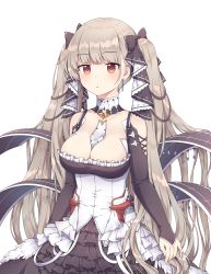 Rule 34 | 1girl, :o, azur lane, black bow, black dress, blush, bow, breasts, brown eyes, brown hair, cleavage, clothing cutout, cowboy shot, dress, earrings, formidable (azur lane), frilled dress, frills, hair bow, highres, jewelry, kaoling, large breasts, long hair, long sleeves, looking away, parted lips, shoulder cutout, simple background, sleeves past wrists, solo, standing, twintails, very long hair, white background