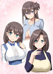 Rule 34 | 3girls, ai-chan&#039;s mother (tawawa), ai-chan (tawawa), apron, blue bow, blue eyes, blush, bow, bowtie, braid, breasts, brown hair, closed mouth, clothing cutout, female focus, finger to mouth, getsuyoubi no tawawa, green eyes, hand up, happy, harukigenia, head tilt, highres, large breasts, long hair, looking at viewer, maegami-chan (tawawa), mature female, mother and daughter, multiple girls, nose blush, open mouth, side ponytail, simple background, smile, underboob, underboob cutout, uniform, upper body, waitress, waitress uniform