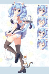 Rule 34 | 1girl, :o, animal, animal ear fluff, animal ears, apron, ass, bare shoulders, black bow, black dress, black footwear, blue hair, bow, brown thighhighs, cat, cat ears, cat girl, cat tail, closed eyes, closed mouth, commentary request, cup, detached sleeves, dress, expressions, frilled apron, frilled dress, frills, from behind, hair between eyes, highres, holding, holding tray, looking at viewer, looking back, maid, maid headdress, mauve, open mouth, original, panties, parted lips, puffy short sleeves, puffy sleeves, purple eyes, shoe soles, shoes, short sleeves, standing, standing on one leg, tail, tail bow, tail ornament, thighhighs, tray, twintails, underwear, waist apron, wavy mouth, white apron, white cat, white panties, white sleeves