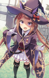 Rule 34 | 1girl, anger vein, animal ears, belt, boots, breasts, brown hair, gate, gloves, grass, hair rings, hat, highres, horse girl, looking at viewer, murasaki himuro, necktie, pointing, purple eyes, shaded face, small breasts, solo, solo focus, sweep tosho (umamusume), thigh boots, twintails, umamusume, wand, witch hat