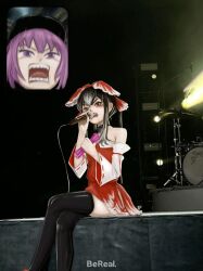 Rule 34 | 2girls, black hair, black thighhighs, bow, brown eyes, commentary request, cookie (touhou), crossed legs, detached sleeves, dress, drum, drum set, fan screaming at madison beer (meme), feet out of frame, frilled bow, frills, geru futota, hair bow, hakurei reimu, highres, holding, holding microphone, holding paper, instrument, long hair, looking at viewer, medium bangs, meme, microphone, multiple girls, nari-14, open mouth, paper, photo background, purple eyes, purple hair, red bow, red dress, remilia scarlet, ribbon-trimmed sleeves, ribbon trim, screaming, short dress, sidelocks, sitting, thighhighs, touhou, v-shaped eyebrows, white sleeves, wide sleeves, yuyusu (cookie)