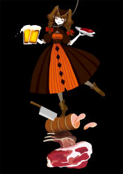 Rule 34 | 1girl, alcohol, barmaid, beef, beef ribs, beer, beer mug, black background, boots, bow, braid, brown dress, buranko (marchen), cleaver, closed eyes, corset, cross-laced footwear, cup, dancing, dress, food, hair bow, hair ornament, ham, holding, holding beer, holding cup, holding tray, maerchen (sound horizon), meat, mug, no lineart, nona drops, open mouth, original, pantyhose, plate, red bow, rope around neck, simple background, sliced meat, solo, sound horizon, striped clothes, striped legwear, striped pantyhose, surreal, tray, twin braids, vertical-striped clothes, vertical-striped legwear, vertical-striped pantyhose