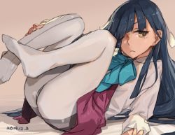Rule 34 | 10s, 1girl, black hair, dated, hair over one eye, hayashimo (kancolle), kantai collection, knees up, long hair, looking at viewer, lying, no shoes, on back, pantyhose, school uniform, solo, thighband pantyhose, toro (konirio), very long hair, white pantyhose, yellow eyes