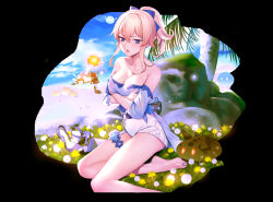 Rule 34 | 2girls, absurdres, bare shoulders, barefoot, beach, besmiled, black background, blonde hair, blouse, blue bow, blue eyes, blue shirt, blue sky, blush, bow, breasts, casual, chain, cleavage, cloud, cloudy sky, commentary, crossed arms, dandelion, artistic error, explosion, feet, flower, frilled sleeves, frills, full body, genshin impact, grass, hair bow, half-closed eyes, hands on own breasts, highres, jean (genshin impact), jean (sea breeze dandelion) (genshin impact), klee (genshin impact), medium breasts, multiple girls, nail polish, open mouth, outdoors, revision, rose, shirt, shorts, simple background, sky, slime (genshin impact), strapless, toenail polish, toenails, toes, tree, white shorts