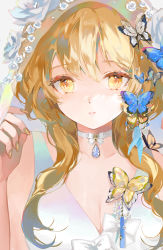 Rule 34 | 1girl, bare shoulders, blonde hair, blue butterfly, breasts, bug, butterfly, butterfly hair ornament, choker, cleavage, collarbone, dress, fingernails, flower, genshin impact, grey butterfly, hair flower, hair ornament, hyatsu, insect, jewelry, large breasts, light smile, long hair, lumine (genshin impact), medium breasts, nail polish, parted lips, rose, sidelocks, solo, upper body, white choker, white dress, white flower, white rose, yellow butterfly, yellow eyes, yellow nails