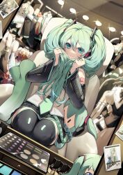 Rule 34 | 1girl, aqua eyes, aqua hair, aqua necktie, bare shoulders, black sleeves, black thighhighs, blush, closed mouth, ddangbi, detached sleeves, grey shirt, hand in own hair, hands in hair, hatsune miku, headset, highres, holding, holding own hair, long hair, looking at viewer, necktie, shirt, sitting, skirt, sleeveless, smile, solo, thighhighs, twintails, very long hair, vocaloid