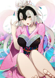 Rule 34 | 1girl, alternate costume, alternate hairstyle, barefoot, blush, breasts, fate/grand order, fate (series), feet, flower, foreshortening, hagoromo, hair ornament, hair rings, headpiece, japanese clothes, jeanne d&#039;arc (fate), jeanne d&#039;arc alter (avenger) (fate), jeanne d&#039;arc alter (fate), kimono, large breasts, long hair, long sleeves, looking at viewer, obi, open mouth, pale skin, petals, pink kimono, sash, shawl, silver hair, solo, toes, vane (vane0), wide sleeves, yellow eyes