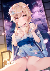 Rule 34 | 1girl, blonde hair, blue kimono, blush, bow, bow panties, breasts, cherry blossoms, cleavage, collarbone, floral print, flower, genshin impact, hair flower, hair ornament, hand on own chest, japanese clothes, kimono, lantern, looking at viewer, lumine (genshin impact), medium breasts, miyase mahiro, night, night sky, off shoulder, open mouth, panties, panty peek, short hair with long locks, sitting, sky, sliding doors, solo, tree, underwear, white panties, wide sleeves, yellow eyes