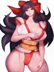 Rule 34 | 1girl, aged up, alternate breast size, black hair, bow, breasts, cleavage, covered erect nipples, fumio (rsqkr), hair bow, highres, large breasts, long hair, nakoruru, puffy nipples, purple eyes, red bow, samurai spirits, simple background, solo, thick thighs, thighs, white background