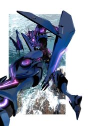 Rule 34 | absurdres, assault visor, border, bu li (time46397328), decepticon, flying, highres, looking at viewer, mecha, no humans, ocean, outside border, robot, science fiction, solo, soundwave (transformers), transformers, transformers prime, v-fin, water, weapon, white border