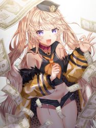 Rule 34 | 1girl, :d, anchor symbol, armpit crease, azur lane, bache (azur lane), bad id, bad pixiv id, banknote, bare shoulders, black hat, black sailor collar, black shirt, blonde hair, breasts, collar, commentary, cowboy shot, cutoffs, dollar bill, exposed pocket, falling money, fang, fur-trimmed jacket, fur trim, hands up, hat, highres, hunbutu, jacket, long hair, long sleeves, looking at viewer, micro shorts, midriff, money, money-shaped pupils, navel, neckerchief, off shoulder, ok sign, open clothes, open mouth, open shorts, pink collar, purple eyes, sailor collar, sailor hat, shirt, shorts, sidelocks, simple background, small breasts, smile, solo, standing, swept bangs, symbol-shaped pupils, two side up, white background, yellow jacket, yellow neckerchief
