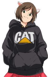 Rule 34 | 10s, 1girl, 71, :3, animal ears, brown hair, cat ears, caterpillar (company), clothes writing, company name, copyright name, fang, fang out, green eyes, hands in pocket, hands in pockets, hood, hoodie, idolmaster, idolmaster cinderella girls, logo, maekawa miku, product placement, pun, short hair, simple background, smile, solo