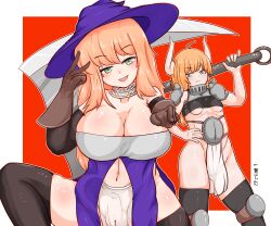 Rule 34 | 2girls, absurdres, ahoge, axe, bad anatomy, battle axe, blonde hair, breasts, cameltoe, cleft of venus, elbow gloves, gauntlets, gloves, green eyes, hand on own hip, hat, highres, horns, huge weapon, japanese text, large breasts, loincloth, long hair, looking at viewer, mother and daughter, multiple girls, original, small breasts, sokeisobu, tagme, thighhighs, translated, weapon, witch hat
