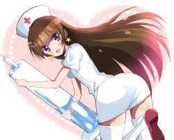 Rule 34 | 1girl, :d, alternate costume, amanogawa kirara, brown hair, earrings, go! princess precure, hair down, haru (nature life), hat, jewelry, large syringe, long hair, looking at viewer, nurse, nurse cap, open mouth, oversized object, precure, purple eyes, simple background, smile, solo, star (symbol), star earrings, syringe, thighhighs