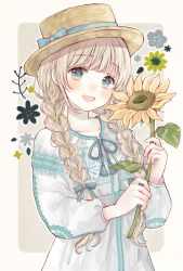 1girl aqua_bow aqua_ribbon blonde_hair blush boater_hat bow braid character_request floral_print flower hair_bow hat hat_bow highres himawari_(ado) holding holding_flower long_hair long_sleeves multicolored_eyes open_mouth ribbon shirt simple_background smile solo sunflower tententuyu twin_braids white_shirt yellow_hat