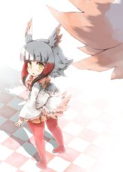 Rule 34 | 1girl, bird tail, bird wings, black hair, checkered floor, frilled sleeves, frills, from above, from behind, fur collar, head wings, highres, japanese crested ibis (kemono friends), kemono friends, kolshica, long sleeves, looking back, multicolored hair, neck ribbon, no shoes, pantyhose, pleated skirt, red hair, ribbon, shadow, short hair, sidelocks, skirt, solo, tail, white hair, wings, yellow eyes