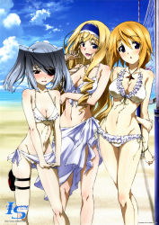 Rule 34 | 10s, 3girls, :d, absurdres, arm behind back, arms behind back, artist request, bare shoulders, beach, bikini, blonde hair, blue eyes, blush, body blush, breast hold, breasts, cecilia alcott, charlotte dunois, cleavage, cloud, curly hair, day, eyepatch, frilled bikini, frills, front-tie top, groin, hand on own arm, highres, infinite stratos, jewelry, large breasts, laura bodewig, legs, long hair, long legs, looking at viewer, medium breasts, multiple girls, navel, official art, open mouth, outdoors, pendant, purple eyes, red eyes, sarong, scan, silver hair, sky, smile, standing, swimsuit, thigh strap, twintails, very long hair, volleyball net, white bikini, wristband