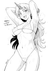 Rule 34 | 1girl, armpits, arms behind head, bikini, blush, breasts, cleavage, dated, earrings, greyscale, halterneck, highleg, highleg bikini, highres, hoop earrings, horns, hoshiguma yuugi, jewelry, large breasts, long hair, looking at viewer, monochrome, navel, open mouth, simple background, single horn, smile, solo, star (symbol), stomach, striped bikini, striped clothes, sweat, swimsuit, teeth, touhou, tsurui, underboob, white background