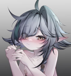 Rule 34 | 1girl, absurdres, areola slip, arknights, bandaid, bandaids on nipples, blush, braid, breasts, collarbone, ear blush, eyes visible through hair, green hair, grey background, grey hair, hair over one eye, handjob gesture, hands up, highres, looking at viewer, messy hair, multicolored hair, nude, pasties, pointy ears, qinshi-ji, short hair, simple background, small breasts, solo, streaked hair, tomimi (arknights), upper body, yellow eyes