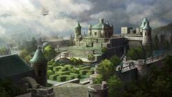 Rule 34 | aircraft, airship, artist request, bird, blue sky, bush, castle, cloud, hedge maze, highres, in-universe location, moat, moss, no humans, official art, outdoors, ragnarok online, scenery, sky