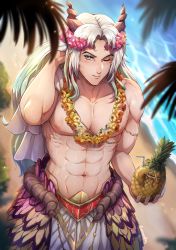 Rule 34 | 1boy, abs, absurdres, artist name, beach, blurry, blurry background, blurry foreground, butterfly wings, collarbone, drinking straw, evomanaphy, fire emblem, fire emblem heroes, flower, flower headband, flower necklace, food, freyr (fire emblem), from above, fruit, fruit cup, goat horns, gradient hair, green hair, hair flower, hair intakes, hair ornament, head wreath, highres, horns, insect wings, jewelry, lei, long hair, looking at viewer, male focus, multicolored hair, muscular, muscular male, navel, necklace, nintendo, one eye closed, outdoors, pectorals, pineapple, pineapple slice, sand, sweat, topless, topless male, white hair, wings, wink, yellow eyes