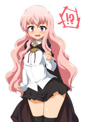 Rule 34 | !?, 1girl, black skirt, black thighhighs, blush, brown cape, cape, collared shirt, commentary request, fang, hair between eyes, hand up, highres, long hair, long sleeves, louise francoise le blanc de la valliere, momio, open mouth, pink hair, pleated skirt, red eyes, shirt, skirt, sleeves past wrists, solo, spoken interrobang, sweat, thighhighs, very long hair, wavy mouth, white shirt, zero no tsukaima