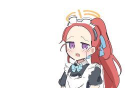 Rule 34 | 1girl, apron, blue archive, maid headdress, purple eyes, raw beef, red hair, simple background, solo, twitter, white apron, white background, yuzu (blue archive)
