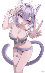Rule 34 | 1girl, absurdres, ahoge, animal ear fluff, animal ears, bare shoulders, blush, breasts, camisole, cat ears, cat girl, cat tail, fangs, grey camisole, hair between eyes, highres, hololive, kkato, large breasts, looking at viewer, nail polish, navel, nekomata okayu, open mouth, purple eyes, purple hair, purple shorts, short hair, short shorts, shorts, solo, tail, thighs, virtual youtuber