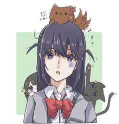 Rule 34 | 2girls, :|, absurdres, afterimage, aijou karen, animal, animal on head, animal on shoulder, animalization, arm up, arms at sides, bags under eyes, black cat, black hair, blue eyes, bow, bowtie, breast pocket, brown dog, cat, cat on shoulder, chibi, chibi on shoulder, clinging, closed mouth, collared shirt, commentary request, cropped torso, crown, daua history, dog, dog on head, dual persona, exhausted, green background, grey jacket, hair ornament, hand on another&#039;s shoulder, highres, jacket, jitome, kagura hikari, long hair, looking at another, looking at viewer, loose bowtie, messy hair, mini crown, motion lines, multiple girls, no pupils, on head, open clothes, open jacket, outstretched arm, parted lips, pocket, red bow, red bowtie, school uniform, seishou music academy uniform, shirt, shoujo kageki revue starlight, sparkle hair ornament, tail, tail wagging, tilted headwear, tongue, tongue out, translation request, tsuyuzaki mahiru, two-tone background, two side up, upper body, v-shaped eyebrows, white background, white shirt