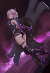 Rule 34 | 1girl, armor, ass, black panties, breastplate, cancer (zjcconan), elbow gloves, fate/grand order, fate (series), gloves, hair over one eye, highres, mash kyrielight, panties, purple eyes, purple hair, shield, short hair, solo, underwear