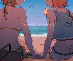 Rule 34 | 2girls,  ul, back, bad id, bad pixiv id, bandaid, bare arms, bare shoulders, barefoot, beach, bikini, bikini shorts, bikini skirt, bird, blonde hair, blue hoodie, blue sky, crop top, cup, day, disposable cup, drinking, drinking straw, dusk, eye contact, from behind, gauze, green hair, gumi, head out of frame, hood, hoodie, kagamine rin, looking at another, midriff, multiple girls, ocean, outdoors, picnic basket, sand, seagull, short hair, shorts, shoulder blades, sitting, sky, sleeveless, sleeveless hoodie, smile, spaghetti strap, swimsuit, vocaloid, yuri