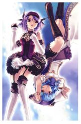 Rule 34 | 2girls, adel (blazing souls), alia (blazing souls), arms up, bike shorts, black eyes, blazing souls, blue background, blue hair, boots, detached sleeves, dress, expressionless, gloves, hirano katsuyuki, multiple girls, official art, purple hair, red eyes, rotational symmetry, short hair, skirt, spectral (series), thigh strap, thighhighs, thighhighs under boots, upside-down