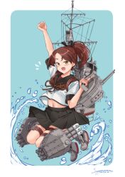 Rule 34 | 1girl, :d, absurdres, adapted turret, black sailor collar, black skirt, brown eyes, brown hair, brown neckerchief, cannon, full body, highres, jumping, kantai collection, long hair, machinery, navel, neckerchief, open mouth, pleated skirt, ponytail, sagoromo 04, sailor collar, school uniform, serafuku, shikinami (kancolle), shikinami kai ni (kancolle), skirt, smile, smokestack, solo, torpedo launcher, turret