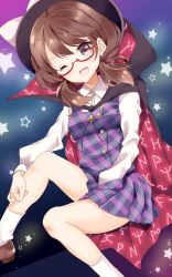 Rule 34 | 1girl, between legs, breasts, brown eyes, brown footwear, brown hair, cape, foot out of frame, glasses, gradient background, hand between legs, hand on own leg, hat, hat ribbon, head tilt, highres, knee up, loafers, long sleeves, looking at viewer, low twintails, medium hair, miniskirt, one eye closed, open mouth, plaid, plaid skirt, plaid vest, quimbaya airplane, red-framed eyewear, ribbon, runes, school uniform, semi-rimless eyewear, shirt, shoes, sitting, skirt, small breasts, socks, solo, star (symbol), starry background, stigma1101, touhou, twintails, under-rim eyewear, usami sumireko, vest, white shirt, white socks, wing collar