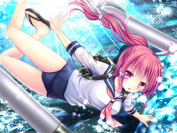 Rule 34 | 10s, 1girl, asazuki kanai, bubble, freediving, hair ribbon, i-168 (kancolle), kantai collection, long hair, looking at viewer, machinery, open mouth, personification, pink eyes, pink hair, ponytail, ribbon, sandals, school swimsuit, solo, swimming, swimsuit, swimsuit under clothes, torpedo, underwater