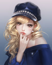 Rule 34 | 1girl, absurdres, blonde hair, blue dress, blue hat, brown eyes, closed mouth, commentary, dress, drill hair, earrings, english commentary, finger to mouth, gradient background, grey background, hat, highres, jewelry, lips, long hair, looking at viewer, mole, mole under eye, off-shoulder dress, off shoulder, original, portrait, rena illusion, solo, sparkle, swept bangs, upper body