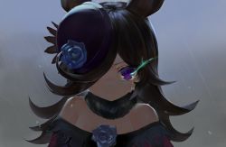Rule 34 | 1girl, animal ears, bare shoulders, black hair, blue flower, blue rose, closed mouth, commentary request, crying, crying with eyes open, dokomon, dress, flaming eye, flower, hair over one eye, hat, hat flower, highres, horse ears, korean commentary, off-shoulder dress, off shoulder, purple hat, rain, rice shower (umamusume), rose, solo, tears, tilted headwear, umamusume, upper body, v-shaped eyebrows