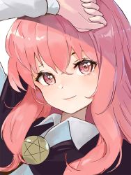 Rule 34 | 1girl, arm up, cape, closed mouth, long hair, long sleeves, looking at viewer, louise francoise le blanc de la valliere, moth1, pentacle, pink eyes, pink hair, portrait, simple background, smile, solo, white background, zero no tsukaima