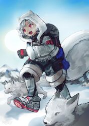 Rule 34 | 1boy, animal, arknights, backpack, bag, black bag, black gloves, buchi0122, day, fox, fox boy, fox tail, full body, fur-trimmed hood, fur-trimmed jacket, fur-trimmed sleeves, fur trim, gloves, grey footwear, grey hair, grey jacket, grey pants, highres, hood, hood up, hooded jacket, infection monitor (arknights), jacket, long sleeves, looking ahead, mountain, open mouth, outdoors, pants, qanipalaat (arknights), red eyes, shoes, short hair, smile, snow, solo, sun, tail, walking, white tail